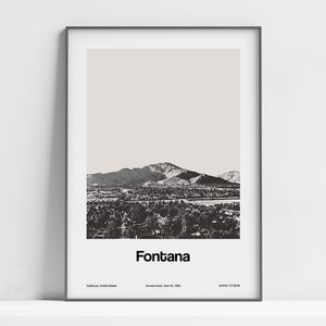 Fontana CA Poster, Fontana Kalifornien Poster, Fontana San Bernardino County Jurupa Hills Berge Wandkunst Minimalistisch Custom City Print
