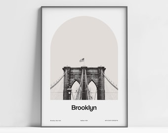 Brooklyn Bridge Print, Brooklyn Poster, Brooklyn Bridge New York, Brooklyn Black White, New York Wall Art Minimalist Custom City Arch Print
