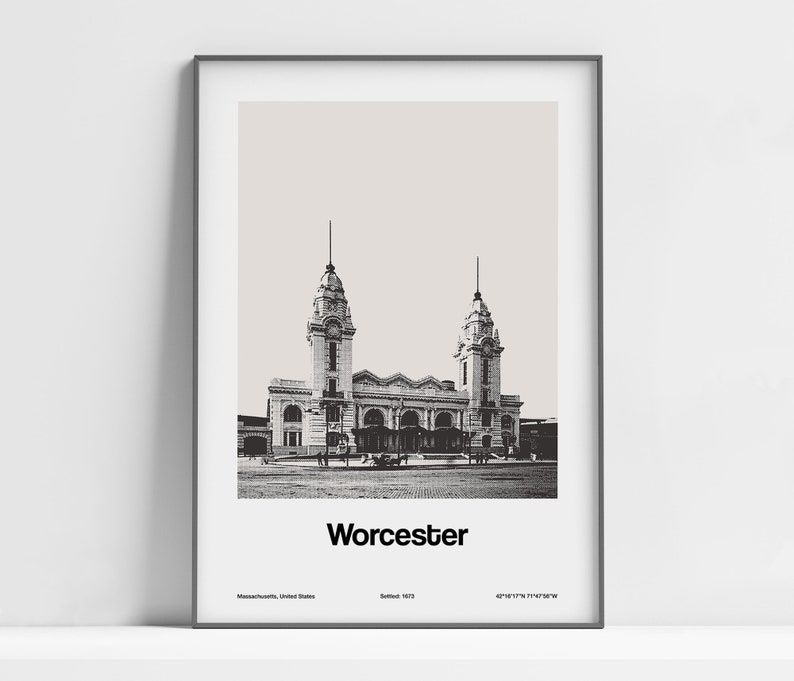 May include: Black and white photograph of the Worcester Union Station in Worcester, Massachusetts. The station was built in 1911 and features two towers with clocks. The text "Worcester" is printed below the image.