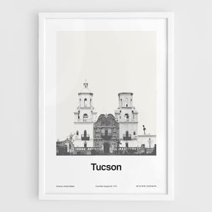 Tucson Druck, Tucson Kathedrale Mission San Xavier del Bac Arizona Poster Tucson AZ Skyline Wandkunst Minimalistisch Custom City Print von Artica