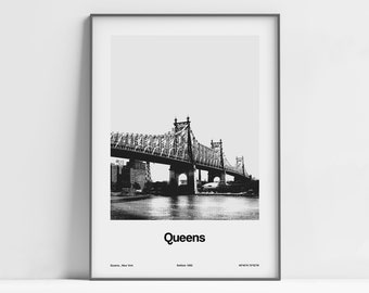 Queens Print, Queens Poster, Queensboro Bridge New York Skyline, Queens NYC Black White, Queens NY Wall Art Minimalist Custom City Print