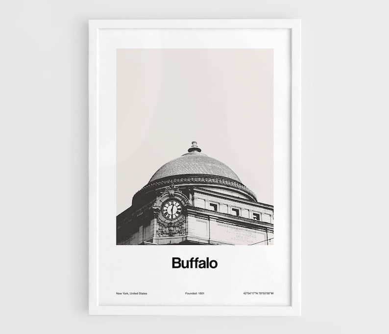 May include: Black and white photograph of a building with a dome and clock tower. The building is in Buffalo, New York, United States. The text "Buffalo" is printed below the image. The text "Founded 1801" and "42.8876&deg; N 78.8784&deg; W" are printed below the text "Buffalo".