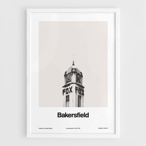 Bakersfield Theater Print, Bakersfield California Poster, Bakersfield CA Skyline Black White Wall Art Minimalist Custom City Print