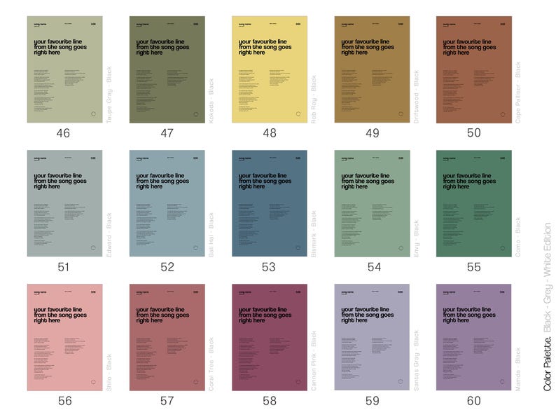 May include: A collection of posters with various color backgrounds, each featuring the text "your favourite line from the song goes right here." The posters are numbered 46-60, with a color palette guide in the corner.
