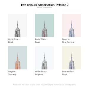 May include: A digital illustration of six different color combinations of the Empire State Building. The color combinations are: Light Grey and Black, Paris White and Ferra, Bizarre Blue Bayoux, Geyser Tuscany, White Lilac Emperor, and Ecru White Fiord.