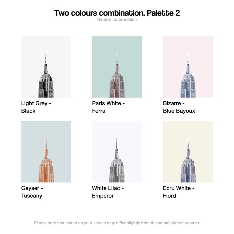 May include: A digital illustration of six different color combinations of the Empire State Building. The color combinations are: Light Grey and Black, Paris White and Ferra, Bizarre Blue Bayoux, Geyser Tuscany, White Lilac Emperor, and Ecru White Fiord.