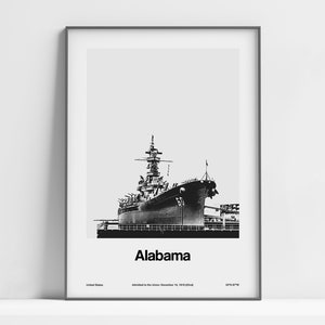 Cartel del estado de Alabama, Alabama Print, Alabama Battleship Memorial Park, Mobile Bay Alabama Black White Wall Art Minimalist Custom City Print