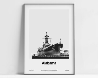 Alabama State Poster, Alabama Print, Alabama Battleship Memorial Park, Mobile Bay Alabama Black White Wall Art Minimalist Custom City Print