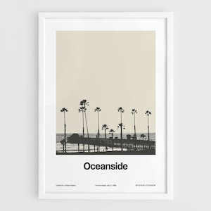 Oceanside Palms Poster, Oceanside California Print, Oceanside Pier CA, Oceanside Harbor Black White Wall Art Minimalist Custom City Print