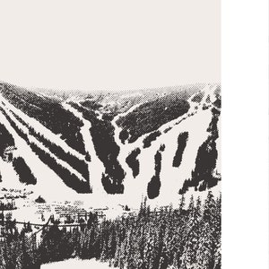 May include: Black and white illustration of a snowy mountain landscape with ski runs. The image is in a retro, pixelated style.