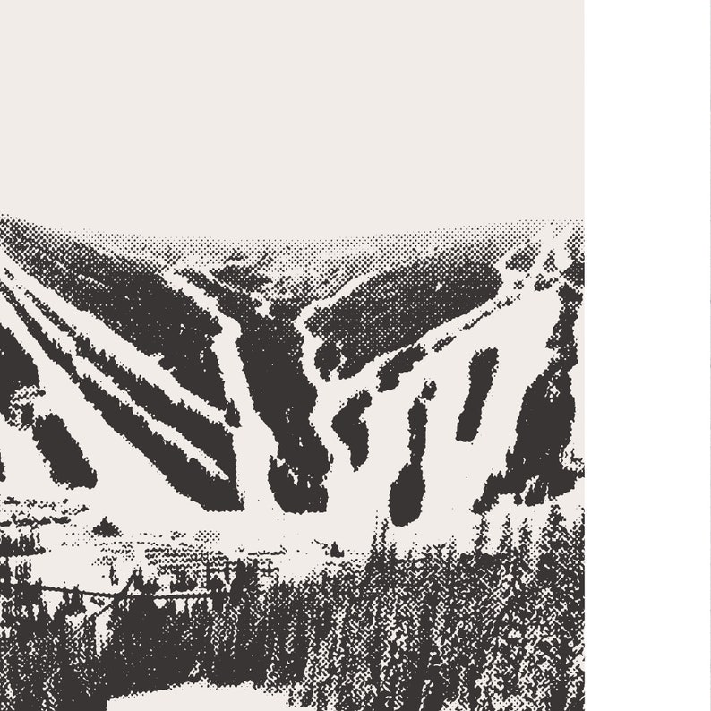 May include: Black and white illustration of a snowy mountain landscape with ski runs. The image is in a retro, pixelated style.