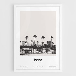 Irvine Print, Irvine California Poster, Irvine Palms, Irvine CA Skyline Black White Los Angeles area Wall Art Minimalist Custom City Print