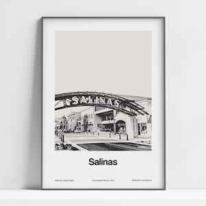 Poster Salinas CA, stampa Salinas, Salinas California, foto in bianco e nero del centro di Salinas, stampa personalizzata minimalista della città di Salinas Wall Art