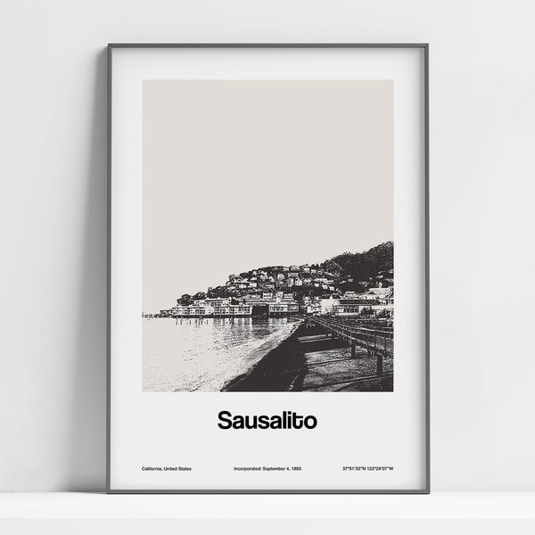 Sausalito California Print, Sausalito CA Poster, Sausalito Photo Black White, Sausalito Marin County Wall Art Minimalist Custom City Print