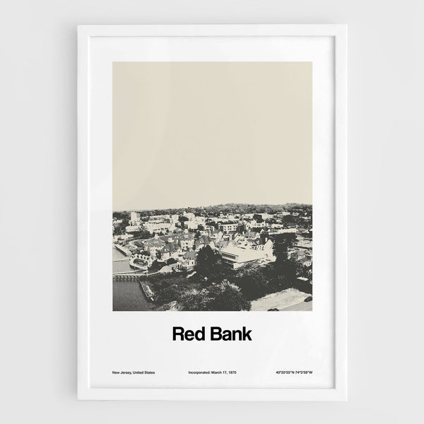 Red Bank New Jersey Print, Red Bank NJ Poster, Red Bank Skyline, Monmouth County New Jersey Wall Art Minimalist Custom City Print