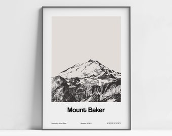 Mount Baker WA Print, Mount Baker Washington Poster, Mt Baker Washington Mountains Black White Wall Art Minimalist Custom Mountain Print