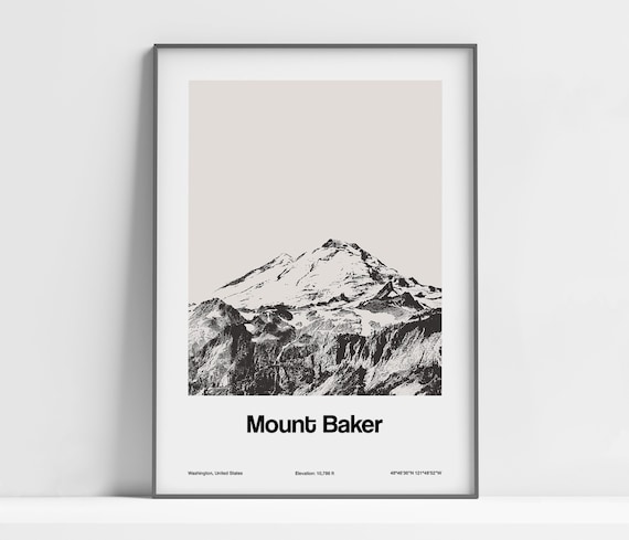 Mount Baker WA Print, Mount Baker Washington Poster, Mt Baker Washington Mountains Black White Wall Art Minimalist Custom Mountain Print