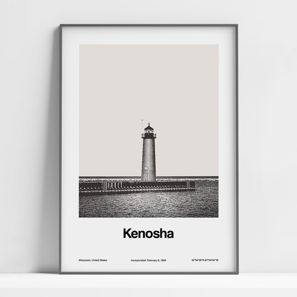 Kenosha WI Print, Kenosha North Pier Light Wisconsin Poster, Kenosha Pier Lighthouse Black White Wall Art Minimalist Custom City Print