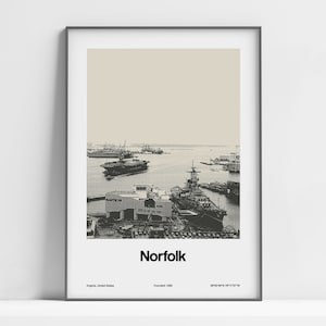 Norfolk Virginia Print, Norfolk VA Poster, Norfolk battleship museum Elizabeth River Photo Black White Wall Art Minimalist Custom City Print