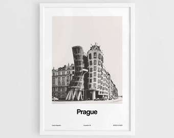 Prague Print, Dancing House Prague Poster, Praha Cityscape Prague Landmarks Minimalism Wall Art Minimalist Custom City Print by Artica