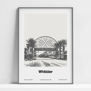 Whittier Print, Whittier California Poster, Whittier Boulevard CA Black White, Southern California Wall Art Minimalist Custom City Print