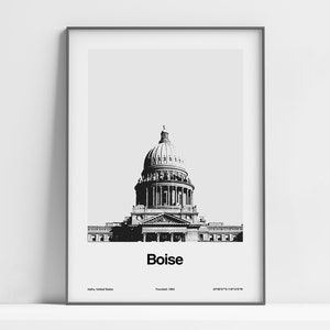 Boise Idaho Print, Boise ID Poster, Boise Idaho State Capitol Skyline, Boise City Photo Black White Wall Art Minimalist Custom City Print