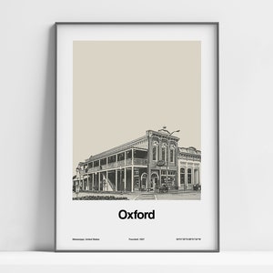 Oxford Mississippi Poster, Downtown Oxford MS Print, Oxford Black White, Oxford Wall Art Minimalist Custom City Town Print Poster