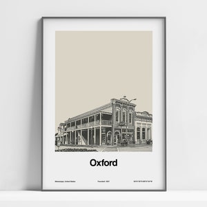 Oxford Mississippi Poster, Downtown Oxford MS Print, Oxford Square Books Cafe, Oxford College Wall Art Minimalist Custom College Town Print