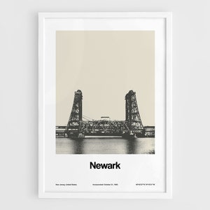Newark NJ Print, Dock Bridge Newark New Jersey Poster,  Downtown Newark Skyline New Jersey Newark Wall Art Minimalist Custom City Print