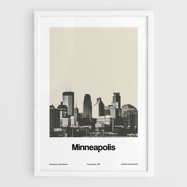 Minneapolis MN Print, Minneapolis Minnesota Poster, Downtown Minneapolis Skyline Black White Wall Art Minimalist Custom City Print by Artica