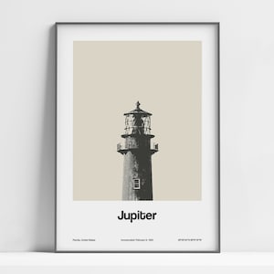 Jupiter Lighthouse FL Poster, Jupiter Inlet Lighthouse Florida Print, Palm Beach County, Miami area Wall Art Minimalist Custom City Print