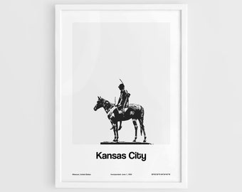 Kansas City Print, The Scout Kansas City statue Poster, Kansas City Landmarks Missouri Skyline Minimalist Art Custom City Print by Artica