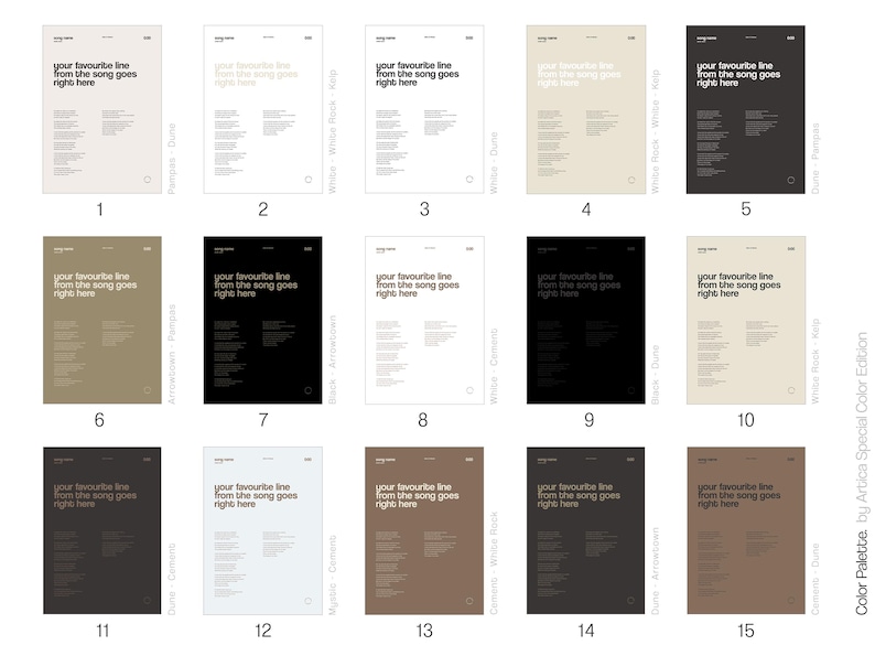 May include: A collection of 15 minimalist posters, each featuring the text "your favourite line from the song goes right here." The posters vary in color, including white, black, beige, and brown tones. The design is clean and modern, with a focus on typography.