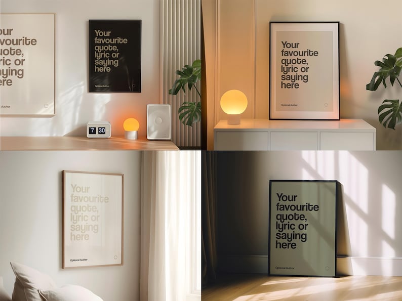 May include: Several framed posters displaying the text "Your favourite quote, lyric or saying here". The posters are in black and white frames. The image also features a clock, a small lamp, and a speaker, all in a minimalist style.