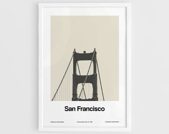 Könnte beinhalten: Eine Schwarzweißillustration der Golden Gate Bridge in San Francisco, Kalifornien. Das Bild ist vor einem beigefarbenen Hintergrund mit dem Text "San Francisco" unterhalb der Brücke platziert.