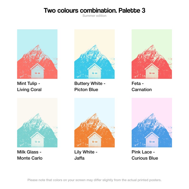 May include: A digital illustration of six color palettes with a mountain and house design. The color palettes are: Mint Tulip - Living Coral, Buttery White - Picton Blue, Feta - Carnation, Milk Glass - Monte Carlo, Lily White - Jaffa, and Pink Lace - Curious Blue.