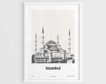 Istanbul Poster, Istanbul Print, Istanbul Blue Mosque Art, Turquie Mosquée Impériale Noir Blanc Wall Art Minimaliste Custom City Print