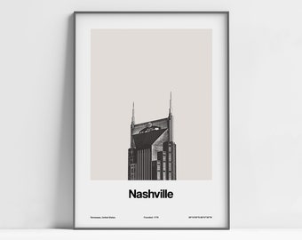 May include: A black and white minimalist poster with a photo of the AT&T Building in Nashville, Tennessee. The poster has the text "Nashville" in bold, "Tennessee, United States" and "Founded: 1779" in smaller text, and the coordinates "36°09'39"N 86°44'11"W".