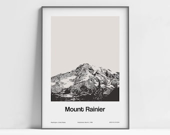 Mount Rainier National Park Print, Mount Rainier WA Poster, Mount Rainier Tahoma Washington Photo Wall Art Minimalist Custom Parks Print
