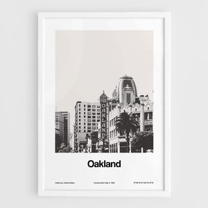 Stampa di Oakland, California, poster del Fox Oakland Theatre, Oakland CA, foto, arte murale minimalista in bianco e nero, stampa personalizzata della città di Artica