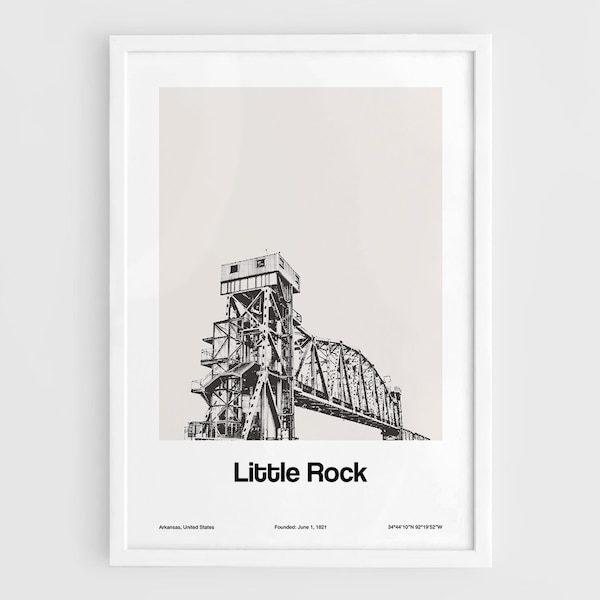 Little Rock Print, Little Rock Arkansas Poster, Junction Bridge Little Rock AR White Photo Wall Art Minimalist Custom City Print