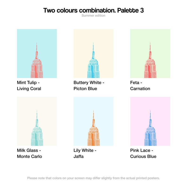 May include: A digital illustration of six different color combinations for a building. The building is outlined in black and filled in with two colors. The color combinations are: Mint Tulip - Living Coral, Buttery White - Picton Blue, Feta - Carnation, Milk Glass - Monte Carlo, Lily White - Jaffa, and Pink Lace - Curious Blue.