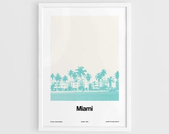 Miami City Poster, Old Miami Beach Architectural District Florida Miami Palms Skyline Print Wall Art Minimalist Custom City Print by Artica