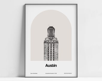 Austin TX Poster, Austin Texas Print, Austin Tower College Main Building, Austin Photo Wall Art Minimalist Custom College Town Arch Print