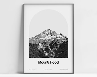 May include: Black and white photograph of Mount Hood, a snow-capped mountain in Oregon, United States. The image is framed with a white border and includes the text "Mount Hood", "Oregon, United States", "Elevation: 11,248 ft", and "45°22'33" N 121°41'16" W".