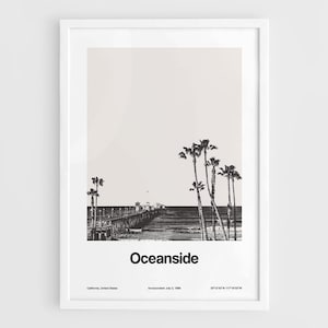 Oceanside Print, Oceanside California Poster, Oceanside Palms, Oceanside Pier CA Skyline Black White Wall Art Minimalist Custom City Print