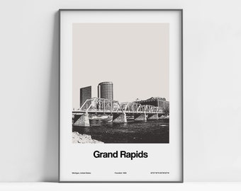 Grand Rapids Druck, Grand Rapids Michigan Poster, Grand Rapids MI Schwarz Weiß Grand Rapids Blue Bridge Wandkunst Minimalistisch Custom City Print