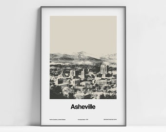Stampa di Asheville NC, poster di Asheville North Carolina, Skyline di Asheville NC, Downtown Asheville Photo Wall Art Minimalist Custom City Print