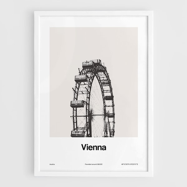 Vienna Print, Vienna Ferris Wheel am Prater Poster, Wiener Riesenrad, Vienna Travel Black White Wien Wall Art Minimalist Custom City Print