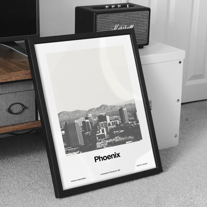 Phoenix Print, Phoenix AZ Minimalism Poster, Phoenix Skyline Photography Arizona Mountains Wall Art Minimalist Custom City Print by Artica image 2
